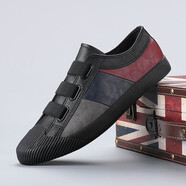 閃步春秋季新款潮流休閑鞋男鞋低幫軟底懶人一腳蹬皮面百搭板鞋男 全黑色 42