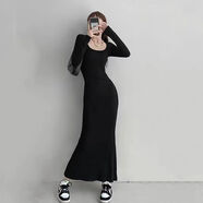 UKMR法式方領(lǐng)露鎖骨長袖修身連衣裙女春季高腰緊身顯瘦魚尾包臀長裙 黑色 M