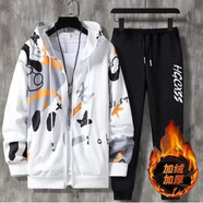 贏(yíng)鎮外套男春秋季連帽新款學(xué)生韓版開(kāi)衫夾克休閑潮流上衣男裝秋裝外衣 韓牌-小熊長(cháng)袖拉鏈衛衣白色加絨+褲子 M （建議85-105斤）