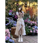 與欣法式茶歇連衣裙2024夏季新款女裝氣質(zhì)仙女荷葉邊不規(guī)則顯瘦中長裙 白色 均碼