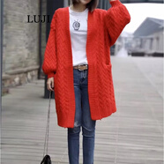 陸際（LUJI）麻花毛衣外套中長(cháng)款潮牌慵懶風(fēng)開(kāi)衫女針織寬松百搭顯瘦燈籠袖破邊 紅色 均碼