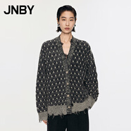JNBY/江南布衣秋冬含羊毛針織衫女格紋中長(zhǎng)款開襟毛衫5O0313470 973/米黑雙色 L