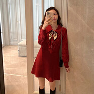 miss nitaly新款韓版翻領收腰顯瘦針織連衣裙女小個子修身長袖打底內(nèi)搭A字裙 紅色 M