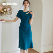 ROEYSHOUSE羅衣氣質(zhì)修身連衣裙夏季新款女純色淑女中長裙子06671 孔雀綠 M