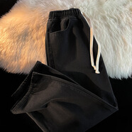 棲謠 松緊腰牛仔褲女潮ins直筒寬松夏薄款新款闊腿抽繩春秋 黑色 S建議75斤-90斤