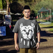 Jsmix潮牌大碼男裝夏季寬松休閑圓領(lǐng)五分袖美式休閑惡犬印花短袖T 深灰色 2XL