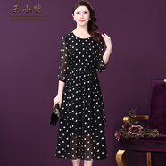 王小鴨夏季新款桑蠶絲圓領(lǐng)波點(diǎn)優(yōu)雅復古七分袖連衣裙女氣質(zhì) 黑色 3XL