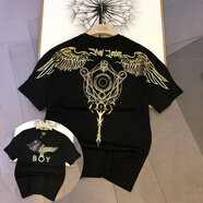 boy潮牌短袖2023夏季新款星際羅盤燙金純棉t恤情侶款老鷹半袖男女 黑色星際羅盤 L 140-160斤合身