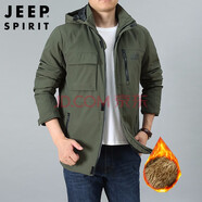吉普（JEEP）夾克外套男士工裝連帽戶外沖鋒上衣新款軍旅夾層中年多口袋寬松 8111B 軍綠色 秋冬 加絨 XL (適合155斤左右)