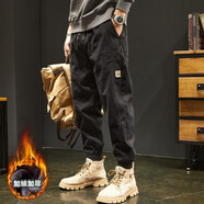 十只鶴秋冬款彈力休閑褲男寬松工裝褲男士潮牌大碼哈倫褲男生抽繩束腳褲 黑色（加厚秋冬款） 加絨 M（115-130斤）