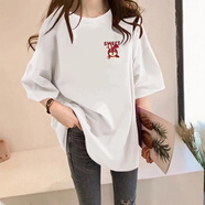 純棉短袖t恤女圓領(lǐng)印花夏季2024新款韓版寬松中長(zhǎng)款休閑半袖上衣 白色小圖（100%純棉） M（建議70-110斤 衣長(zhǎng)70）