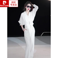 皮爾卡丹（pierre cardin）春夏新款又a又颯氣場(chǎng)強(qiáng)大女裝套裝炸街時(shí)尚白色襯衫闊腿褲兩件裝 白色上衣+闊腿褲 M 【100-115斤】