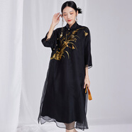 陌遇2025中式原創(chuàng  )氣質(zhì)繡花真絲歐根紗大碼旗袍茶藝連衣裙品牌女裝 黑色 S