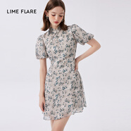 LIME FLARE萊茵福萊爾2024年春夏款改良旗袍收腰雪紡盤扣中式新款碎花連衣裙 霧霾藍(lán)色 L