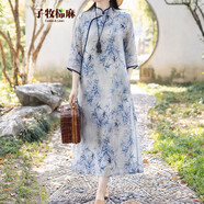 子牧棉麻夏裝 民國風(fēng)立領(lǐng)印花旗袍拼接寬松七分袖連衣裙2611 藍(lán)色 M(建議95-110斤)