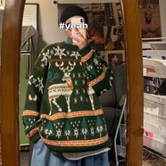 現貨  圣誕節毛衣 唐號  ins喜慶情侶裝毛衣秋冬韓版寬松休閑慵懶風(fēng)新年針織衫秋冬季男外套 A40 綠色 L