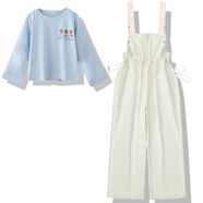 中凡智日系少女工裝鹽系背帶褲套裝女學(xué)生韓版寬松秋季新款連體闊腿褲潮 藍色長(cháng)袖+米白背帶褲 M 建議85-100斤