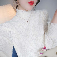 婷婉美薄款/加絨半高領(lǐng)鉤花長袖蕾絲衫女秋冬新款氣質(zhì)內(nèi)搭打底衫上衣潮 單層鏤空薄款 白色 M