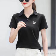 皮爾卡丹（pierre cardin）純棉翻領(lǐng)t恤女短袖2025夏季新款polo衫上衣顯瘦寬松休閑運動服 FL-珠地棉短袖白天鵝:黑色 XL 建議（111-125）斤