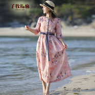 子牧棉麻春裝 女文藝復(fù)古圓領(lǐng)套頭長(zhǎng)裙印花七分袖連衣裙0618 花色 XXL(建議130-140斤)