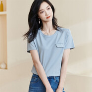 米思陽(yáng)（missshine）2024春夏季新款簡(jiǎn)約氣質(zhì)休閑T恤純色袋帽設(shè)計(jì)短袖上衣女1484 霧霾藍(lán) M