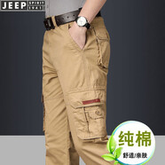 吉普（JEEP）休閑褲男純棉寬松直筒工裝褲男春秋季新款多口袋大碼男士長(zhǎng)褲子 卡其色 32
