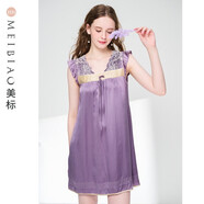 美標商場(chǎng)同款女夏性感真絲睡衣桑蠶絲綢蕾絲睡裙絲綢連衣裙外穿家居服 -1純色花邊暗紫灰 M (160/84A)