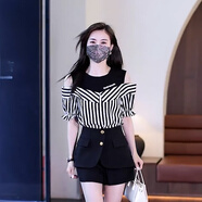 憶靈短袖雪紡襯衫女露肩2024春夏季新款小個(gè)子洋氣減齡設計感上衣拼接 黑色上衣 3XL