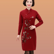 千秋詩(shī)（Qianqiushi） 中老年女裝秋冬裝中長(zhǎng)款羊毛連衣裙媽媽裝旗袍打底衫毛線衣裙子 酒紅色 M建議90-100斤