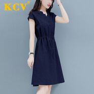 KCV女裝棉麻連衣裙女新款中長款收腰遮肚顯瘦a字減齡休閑夏天裙 寶藍色 XL （125-135斤）