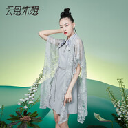 云思木想摩登中國風2023夏季新款設(shè)計感拼接蕾絲花邊連衣裙10355 灰色 S