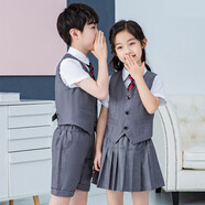 蘿卜唄唄 新款兒童禮服夏季女童禮服小西裝畢業(yè)服幼兒園男女舞臺(tái)大合唱演出服表演服 男童灰色四件套（馬甲+短褲+襯衫+領(lǐng)帶） 140cm建議體重50-58斤