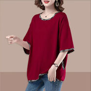 歌班婭加肥加大碼女裝半袖襯衫200斤圓領(lǐng)純色寬松上衣夏新款減齡媽媽裝 S454#紅色 5XL 建議180-200斤