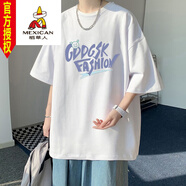 稻草人（MEXICAN）加肥加大300斤純棉短袖T恤男士潮牌大碼寬松胖子半袖港風(fēng)五l分袖 白色 T259GDD 單件裝 6XL 建議225255斤可穿