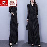皮爾卡丹（pierre cardin）長(cháng)袖條紋連體褲套裝女春秋2023年新款女士氣質(zhì)時(shí)尚顯瘦闊腿連衣褲 黑色 2XL(建議125-135斤)