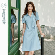 艾路絲婷珠地棉polo連衣裙女2023夏季新款通勤高腰抽褶顯瘦a字裙55198 湖藍(lán)色 M