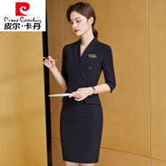 皮爾卡丹品牌輕奢高檔女裝 高端職業(yè)西裝連衣裙女夏季薄款酒店前臺(tái)接待售樓部珠寶店工作服裝針織 中l(wèi)袖連衣裙(黑色) M