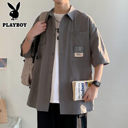花花公子冰絲工裝短袖襯衫男夏季薄款潮流男士寬松休閑襯衣外套上衣服男裝 CY56煙灰 XL