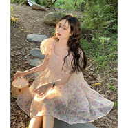 公主蓬蓬裙連衣裙成人奶甜收腰小個(gè)子在逃子超仙女歐根紗碎花女泡泡袖 紫色 M