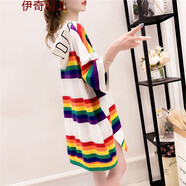 2122年夏季新品chic新款上衣短袖bf韓版中長(cháng)款連衣裙女夏裝學(xué)生寬松彩虹連帽條紋T恤伊奇22 白色 6856彩虹 S