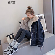 億梵莎羊羔毛牛仔外套女秋冬季2022新款學(xué)生女裝韓版寬松百搭加絨加厚立領(lǐng)短款外套 黑色【6866】加厚 均碼[可備注碼數(shù)】