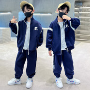 猴兄仔童裝男童套裝兒童春秋裝2022新款秋季男孩拉鏈開衫休閑針織兩件套5到15歲中大童學生秋天運動服 藏青 150(建議身高140CM左右)