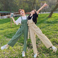 夢史怡夏季閨蜜裝套裝褲女學(xué)生韓版短袖T恤高腰背帶直筒褲子兩件套 白色T恤+綠色背帶褲 M