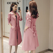 OUHEN品牌女裝 中長(cháng)款風(fēng)衣女 春秋季新款流行百搭垂感收腰氣質(zhì)外套 西瓜紅 M （100-110斤）
