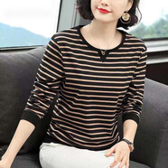 索宛亦（SUOWANYI） 冬季加絨加厚棉的T恤女長(cháng)袖2021秋季新款減齡中年中年大媽條紋 駝色條紋 903(長(cháng))袖 2XL / 115-125斤