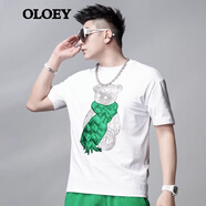 OLOEY 香港潮牌夏季新款短袖t恤男小熊刺繡燙鉆男士圓領(lǐng)修身百搭打底衫 白色 L