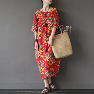 洛必達中國風(fēng)復古東北大花布文藝袍子民族風(fēng)連衣裙棉麻裙子2025 紅貴妃花布 1 均碼