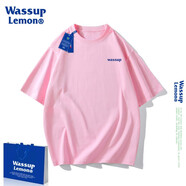WASSUP LEMON短袖t恤男純棉2023新款wassup國潮落肩寬松情侶裝簡約印花上衣 粉色3051 M    110-130斤