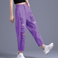 夢(mèng)史怡破洞牛仔褲女夸張2022年新春夏秋歐貨潮9分小個(gè)子洋氣橘色老爹褲 219深紫色 S 碼建議85-100斤