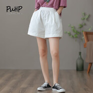 puhp女裝工裝休閑短褲女夏季新款韓版寬松高腰顯瘦薄款五分闊腿直筒褲 白色[單條裝] M 適合75-100斤
